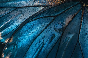 Detailed close-up of a blue morpho butterfly wing scales, shimmering metallic blue, microscopic detail