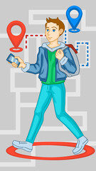 A guy, a man, walks with a smartphone or a phone. Search for the desired location, the application works, mobile service. Navigation on the map. A man with a backpack goes to the destination. 