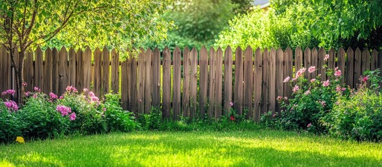 Naklejka premium Wooden fence surrounding a quaint home garden enhancing privacy and charm