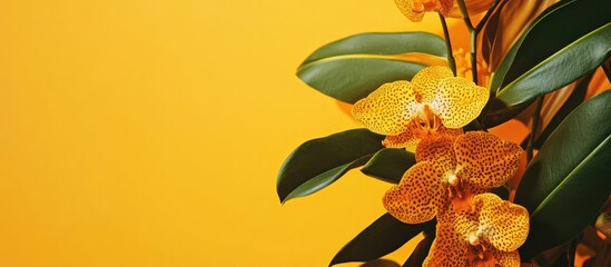 Vibrant yellow leopard print orchid on a sunny yellow background stylish botanical display with ample blank space for overlay text