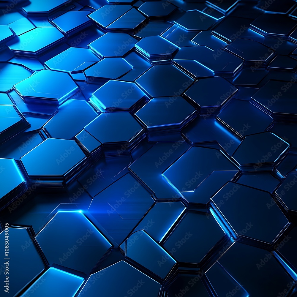 Poster blue hexagon glass and geometric crystals creating a dynamic pattern.