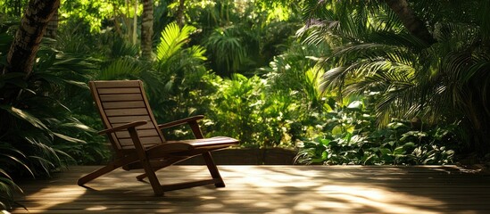 Obraz premium Wooden chair in lush green garden on wooden deck shaded by a tree inviting relaxation and outdoor comfort