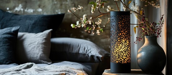 Vintage black lamp with intricate design and warm glowing light perfect for cozy settings