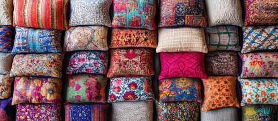 Vibrant assortment of colorful pillow designs arranged as a stylish backdrop perfect for interior decor inspiration
