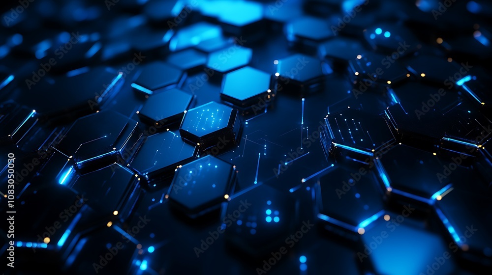 Poster geometric blue hexagons and crystal elements creating a modern abstract background.