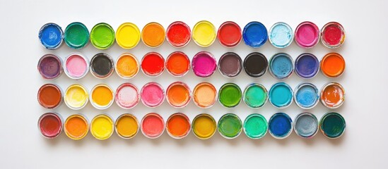 Tins of vibrant paint arranged neatly on a clean white backdrop essential for artistic projects and home renovations