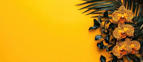 Vibrant yellow leopard print orchid on a sunny yellow background stylish botanical display with ample blank space for overlay text
