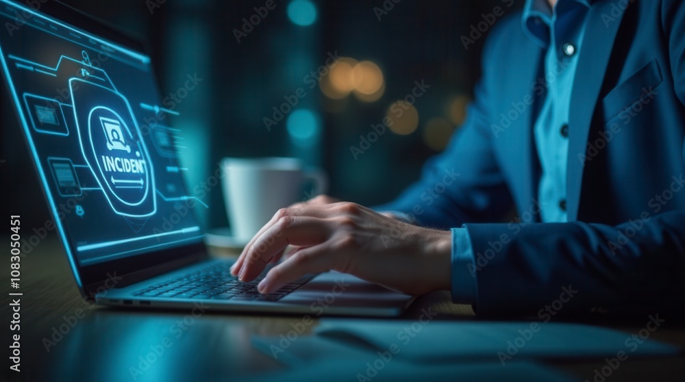 Poster incident management process concept businessman with virtual screen icon for problem diagnosis and r