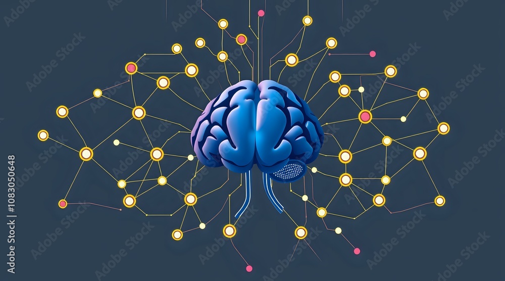 Poster cybernetic brain motif with orbiting nodes