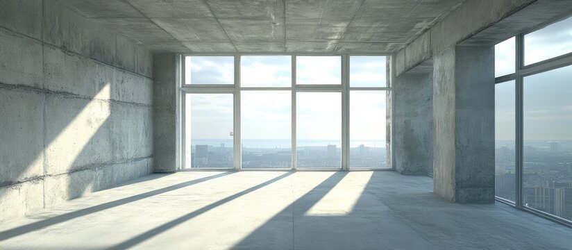 Under construction empty room featuring monolithic structure with large panoramic windows showcasing unfinished space ready for customization