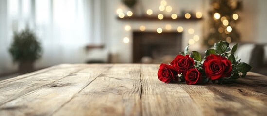 Wooden table with ample space for decoration highlighted by blurred red roses and a cozy home interior backdrop
