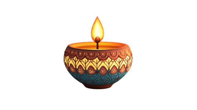 Ornamental clay diya with flickering flame, traditional Indian oil lamp, Diwali festival decoration. Festive season, Indian culture, holiday decor, religious symbol, light, Indian tradition, cultural - Powered by Adobe