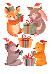 celebrate animals opening gifts at Christmas. vintage watercolor painting