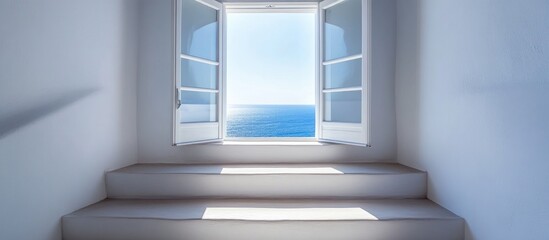 Obraz premium Two white wooden windows framing a scenic view at the top of a staircase symbolizing exploration and new journeys