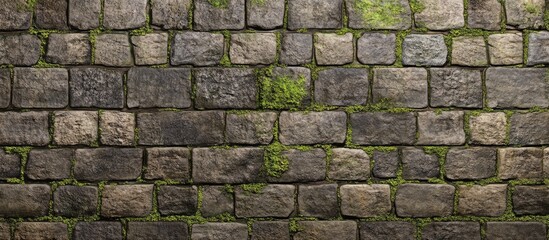 Obraz premium Weathered stone wall with moss covered bricks ideal for rustic architectural projects