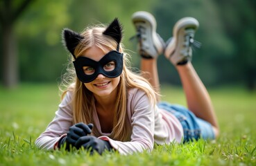 Young girl in cat mask and gloves lies on grass. She is wearing pink sweater and blue denim shorts. Her legs are crossed, and her feet are in air. Girl is smiling and looking at camera.