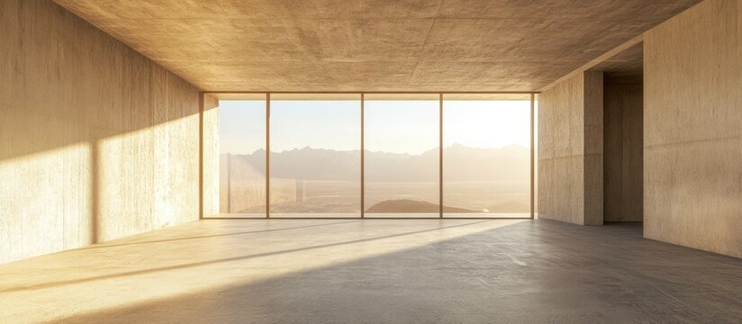 Under construction empty room featuring monolithic structure with large panoramic windows showcasing unfinished space ready for customization
