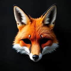 Obraz premium Red fox fur half mask on black background. Animal headwear design for cosplay, theatre and masquerade costume. Animal mask accessory with fur texture for fashion and creative art projects.