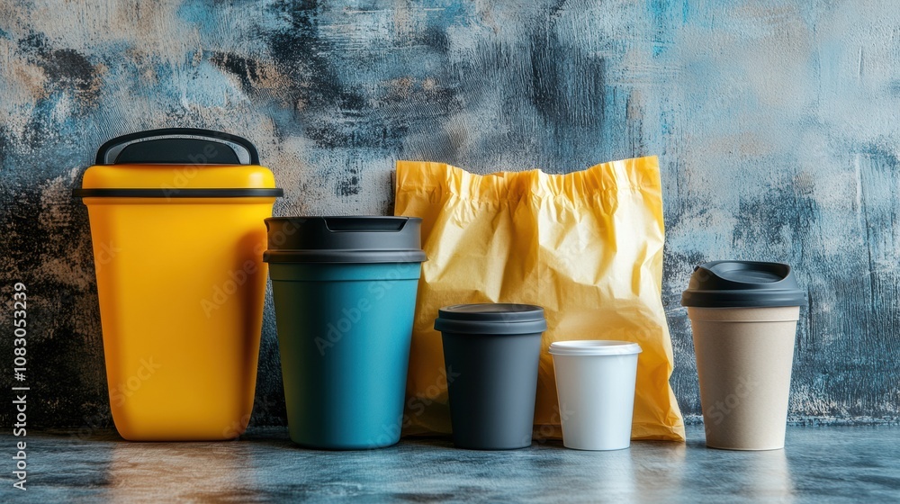 Poster the display contrasts reusable containers with single-use plastic bags and cups, emphasizing the imp