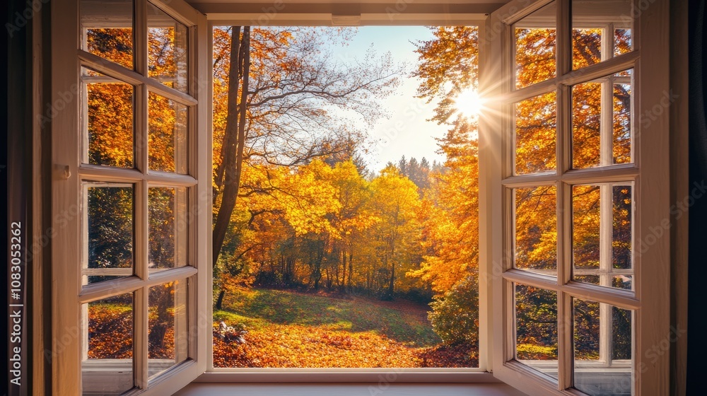 Poster an open window showcases a stunning view of autumn foliage and trees embodying the serenity of a fal