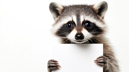 Fototapeta premium Adorable surprised raccoon clutches a blank white invitation card ideal for a party theme Ample copy space available