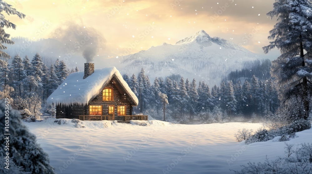 Poster a warm and inviting cabin surrounded by a blanket of snow in a serene mountain setting