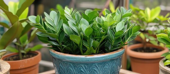 Obraz premium Zamioculcas zamiifolia plant thriving in a decorative pot perfect for home decor and indoor gardening