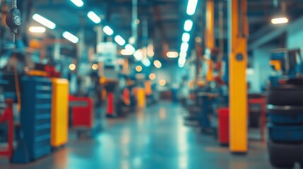 Blurred image of a vehicle service center showcasing modern tools and technology