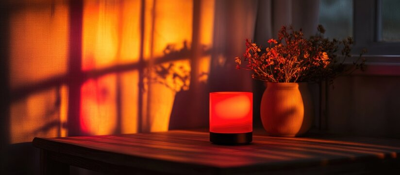 Sunset projector lamp emitting warm red light against a dark backdrop perfect for creating a cozy atmosphere