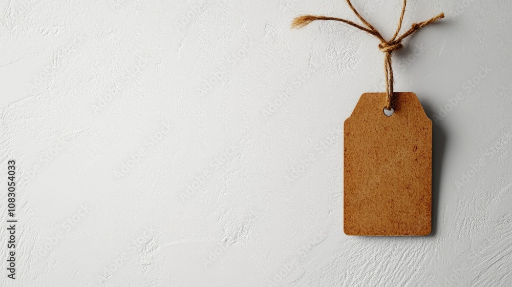 Poster brown tag suspended by a string against a white wall creating a vertical mockup background
