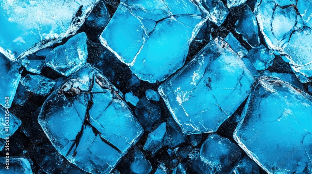 Poster abstract background featuring blue ice with cracks and volcanic black elements ice blocks create a s