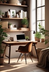 Fototapeta premium calm inviting workspace designs natural cozy minimalist aesthetic inspiration remote work environments, home, office, interior, aesthetics, furniture