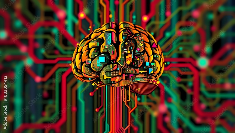 Poster dynamic neo-pop brain network with glitchy cybernetic design