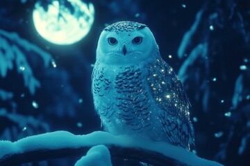 A snowy owl perched on a tree branch illuminated by a full moon in a winter landscape during a serene night