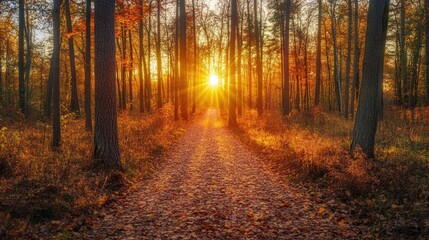 Obraz premium Autumn forest with a ground path during sunset