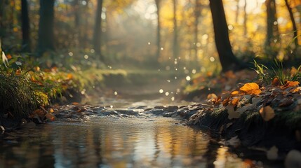 Fototapeta premium A close up view of a small stream in an autumn forest featuring a peaceful and tranquil ambiance with morning sunlight and mist reflecting the essence of the fall season