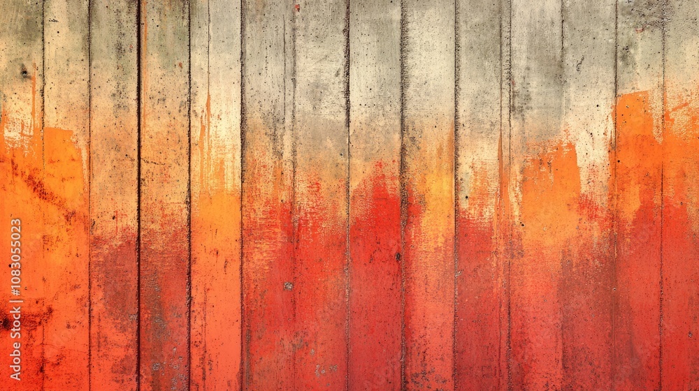 Poster abstract texture of rustic concrete wall in orange and red hues featuring vertical broomstick lines 