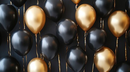 Black balloons adorned with golden ribbons perfect for a festive celebration backdrop