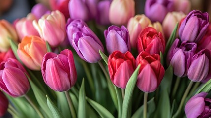 Naklejka premium Colorful bouquet of pink purple and red tulips