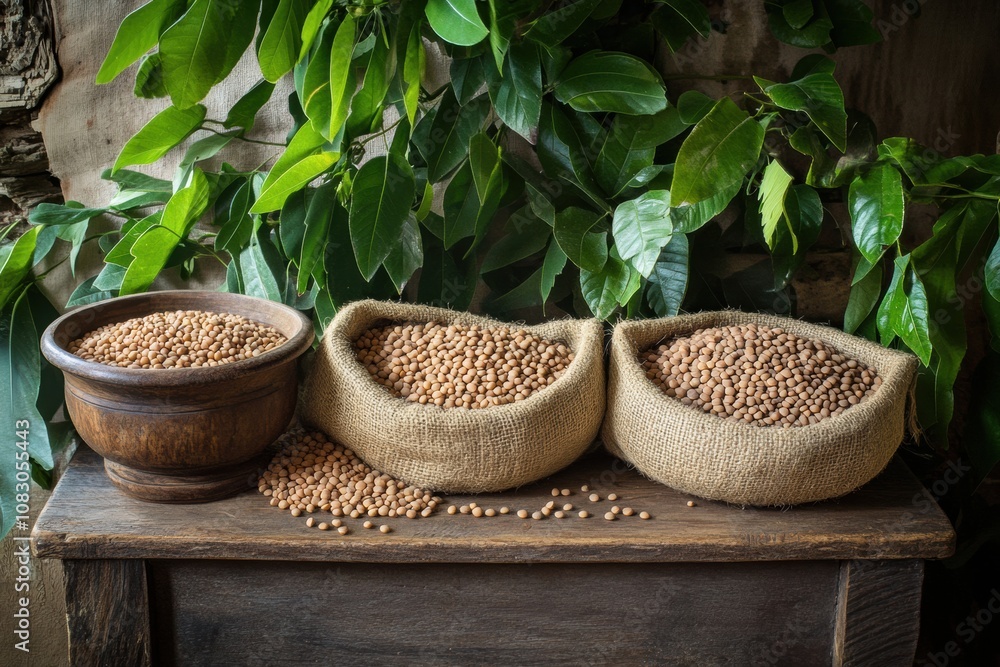 Aufkleber bowls and sacks overflowing with lentils, beans, and chickpeas sit on a rustic wooden table surround