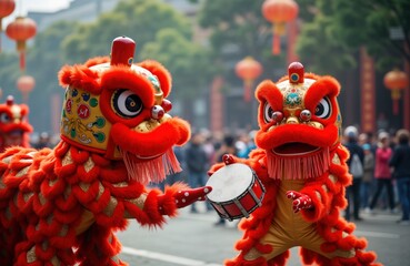 Two red lion dancers perform on street. Traditional Chinese New Year celebration. One dancer beats...