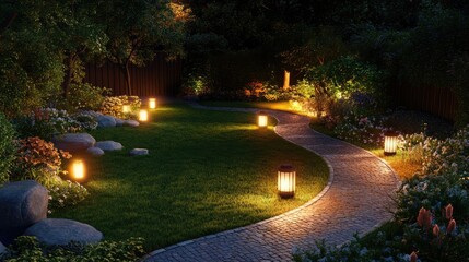 A nighttime garden scene showcasing a vibrant lawn lit by lantern style lights with a winding brick path and a delightful stone and brick walkway ideal for editorial use