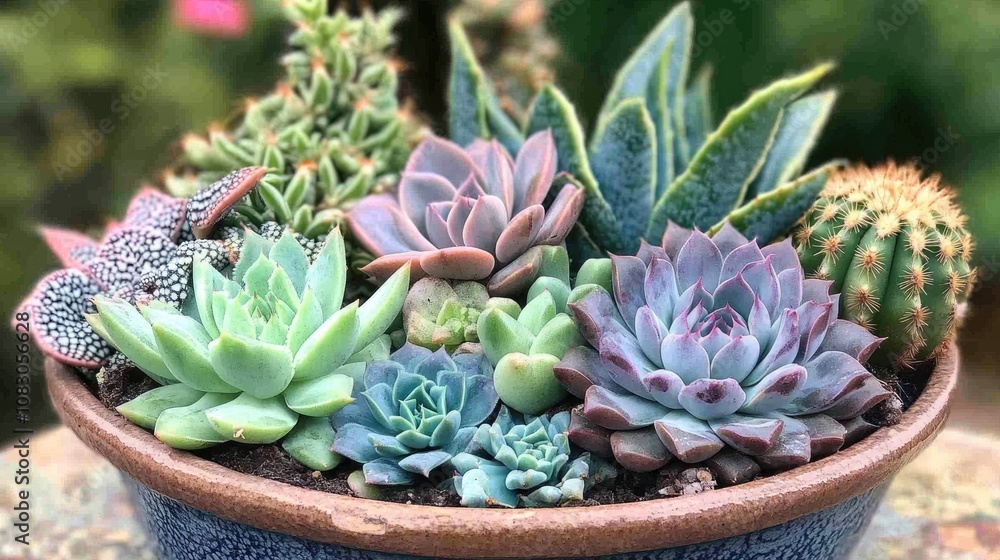 Poster assorted succulent plants and cacti arranged in a container
