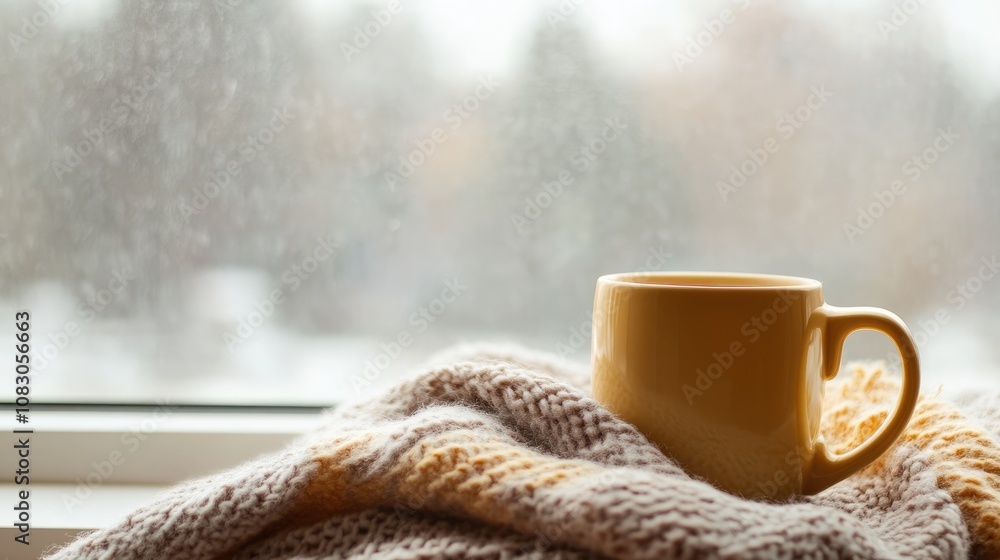 Poster coffee cup resting on a blanket on a windowsill with space for text or design