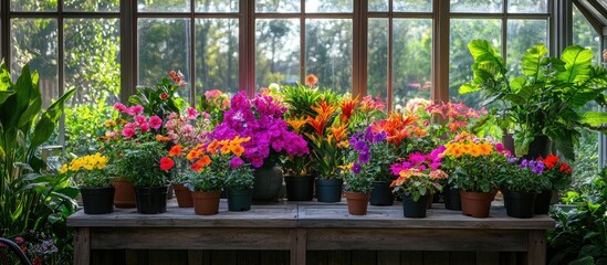 Obraz premium Vibrant potted flowers and tropical plants arranged on a table inside a greenhouse perfect for home gardening inspiration