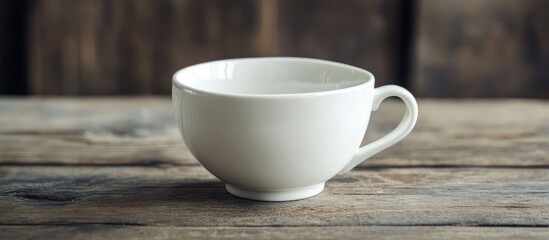 Fototapeta premium White ceramic coffee cup elegantly placed on a rustic wooden table perfect for a cozy cafe atmosphere
