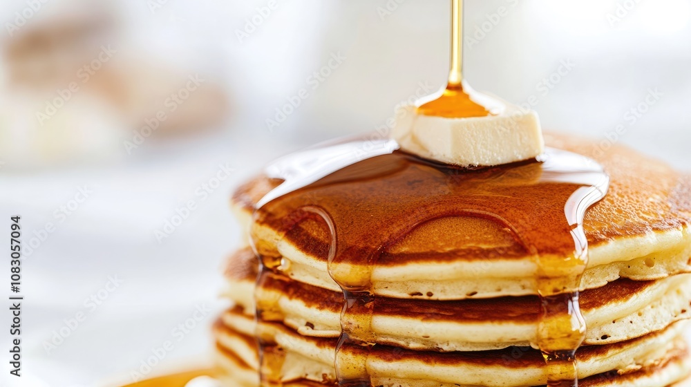 Poster close up of a stack of pancakes topped with syrup cascading down