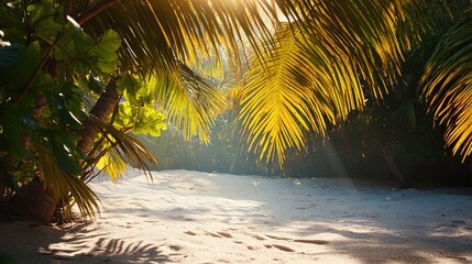 Fototapeta premium A tranquil beach setting with sunlight streaming through vibrant palm leaves and soft golden sand inviting a sense of peace and relaxation