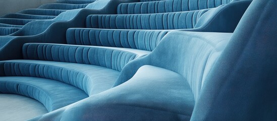 Obraz premium View from the stairs revealing rows of plush blue theater seats with a gentle curve ideal for showcasing cinema designs