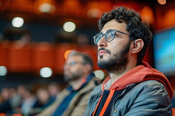 Fototapeta premium Two men sit attentively in an auditorium during a conference, clearly absorbed in the talks. The atmosphere is vibrant and intellectual, reflecting the importance of the event